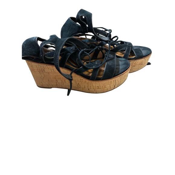 Frye Black Strappy Platform Cork Wedge Sz 8 - Picture 2 of 4
